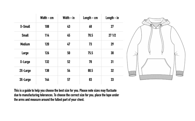 Size chart for RADAR Labyrinth Hoodie – Black